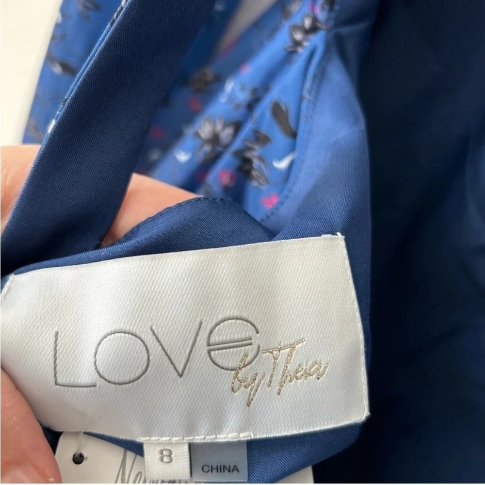 NWT $280 Love by Theia Women's Blue Chiffon Floral Cutout X-Back Dress Size 8 - Picture 7 of 13